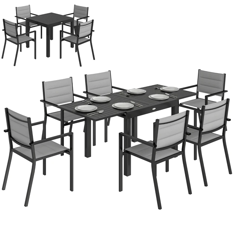 Outsunny Salon de Jardin 7 Pièces Table Extensible Aluminium 6 Chaises Empilables Textilène Rembourré 90/180 x 80 x 75 cm Gris