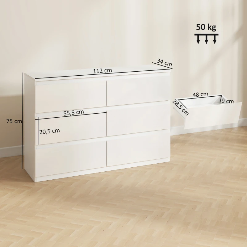 HOMCOM Kommode mit 6 Schubladen, Moderne Aufbewahrungsmöbel für das Schlafzimmer, Weiß
