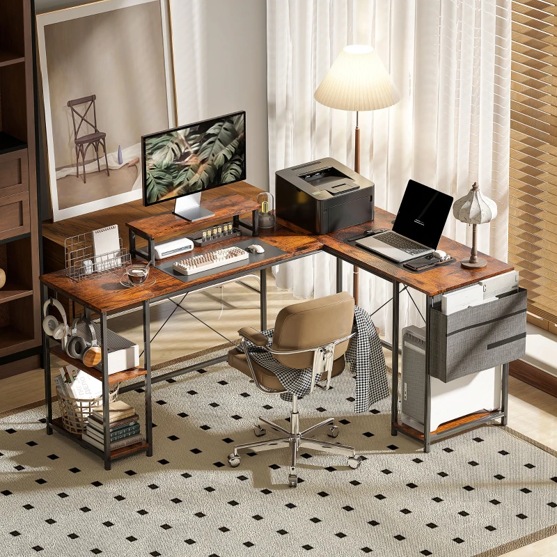 HOMCOM Bureau d'angle réversible, 168-240 cm, bureau d'ordinateur avec étagère réglable, support d'écran, brun rustique