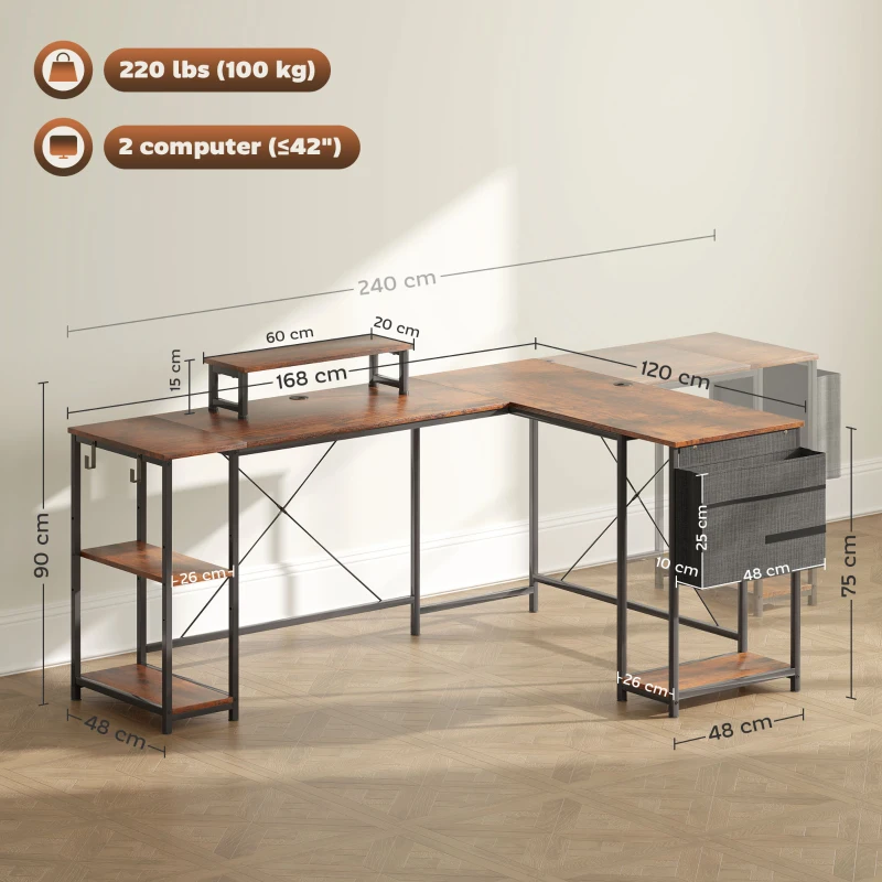 HOMCOM Bureau d'angle réversible, 168-240 cm, bureau d'ordinateur avec étagère réglable, support d'écran, brun rustique