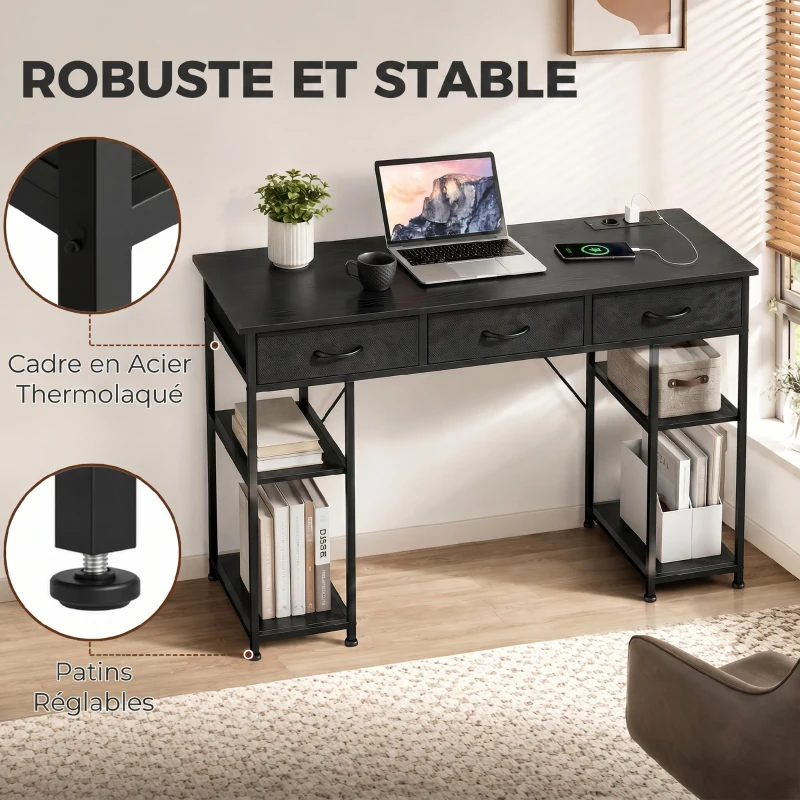 HOMCOM Bureau avec rangement avec prises de courant, 3 tiroirs en tissu et 4 étagères de rangement, 120 x 40 x 76 cm, noir