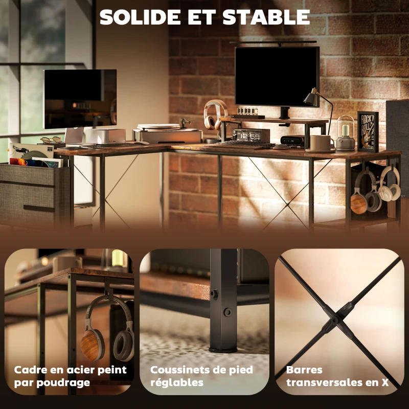 HOMCOM Bureau d'angle réversible, 168-240 cm, bureau d'ordinateur avec étagère réglable, support d'écran, brun rustique