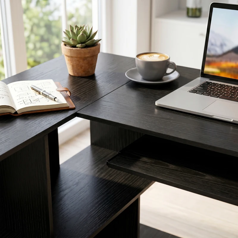 HOMCOM Escritorio de Esquina, 120 x 100 x 76 cm, Escritorio Informático en L con Bandeja para Teclado, 4 Compartimentos Abiertos, Negro