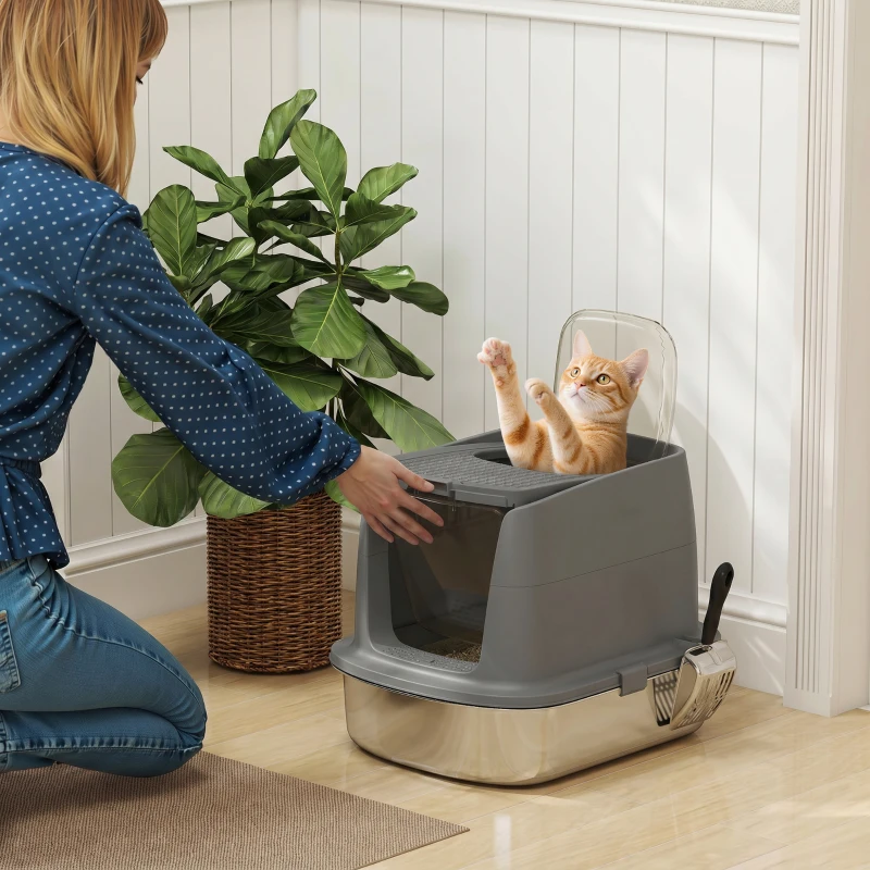 PawHut Large Stainless Steel Litter Box, Enclosed Metal Cat Litter Tray with Scoop, Deodoriser Bag, Front-Entry and Top-Exit
