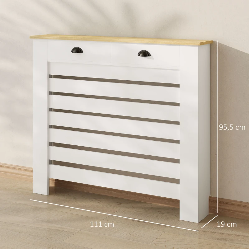 HOMCOM Cubre Radiadores de MDF con 2 Cajones Cubierta para Radiador para Salón Dormitorio Pasillo 111x19x95,5 cm Blanco