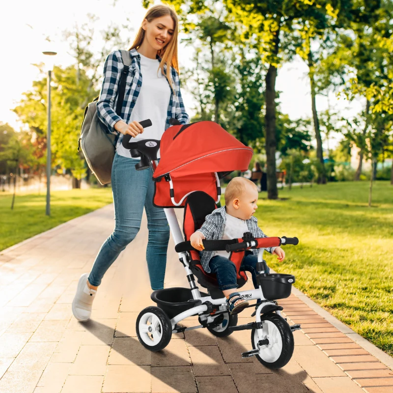HOMCOM 6-in-1 Kinderdreirad mit Schiebestange, Dach, Gurt, Ablagekorb, 18+ Monate, Rot