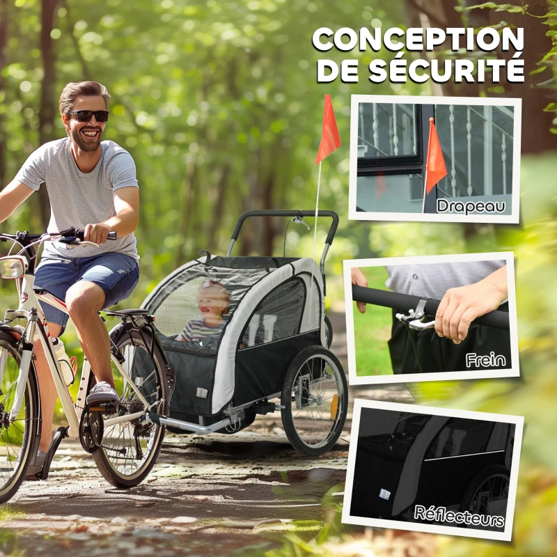 HOMCOM Remorque vélo enfant 2 en 1 avec ceinture de sécurité 5 points, réflecteurs, drapeau et rideau coupe-vent, noir
