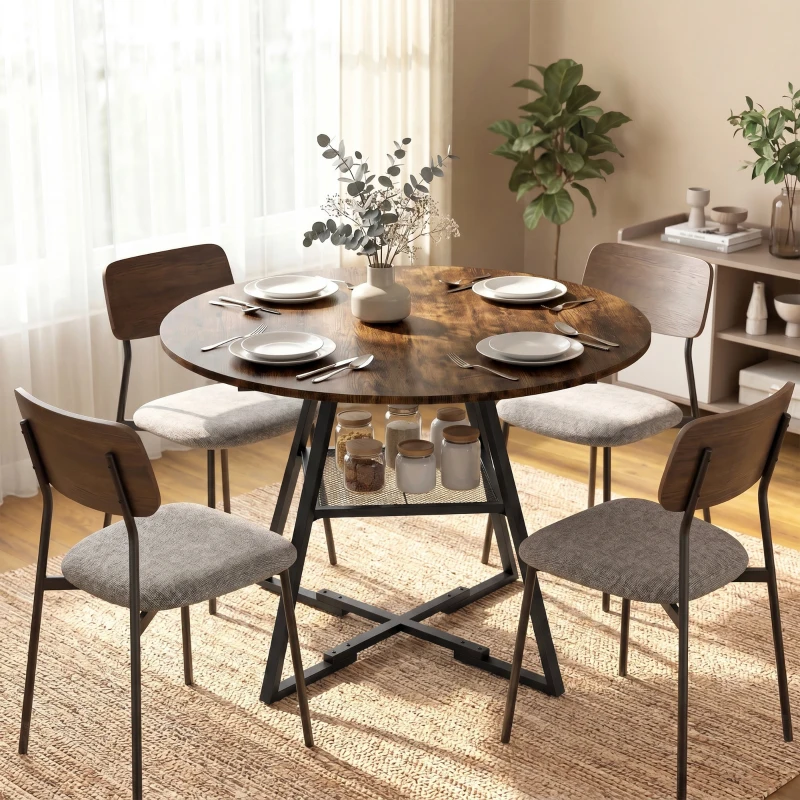 HOMCOM Mesa de Comedor Redonda para 4 Personas con Estante Marco Metálico para Sala de Estar Ø100x76 cm Marrón Rústico