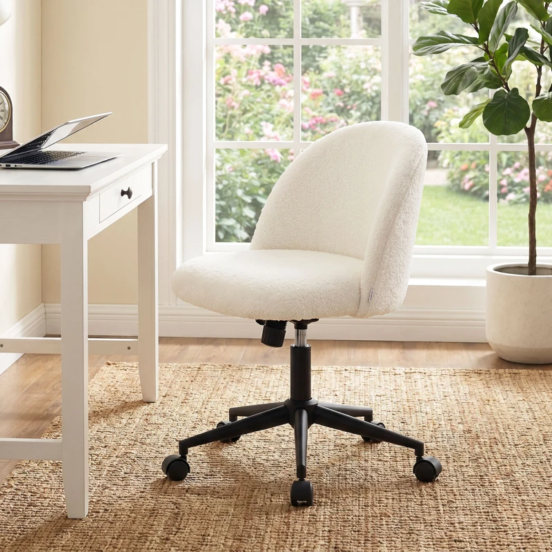 HOMCOM Silla de Oficina Giratoria de Borreguito Regulable en Altura con Ruedas Espuma de Confort Crema