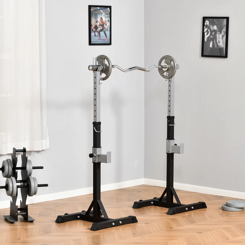 HOMCOM Set 2 Rack Porta Bilanciere in Acciaio, 2 Ganci con Altezza Regolabile, Capacità 150kg, 55x57x105-170cm, Nero