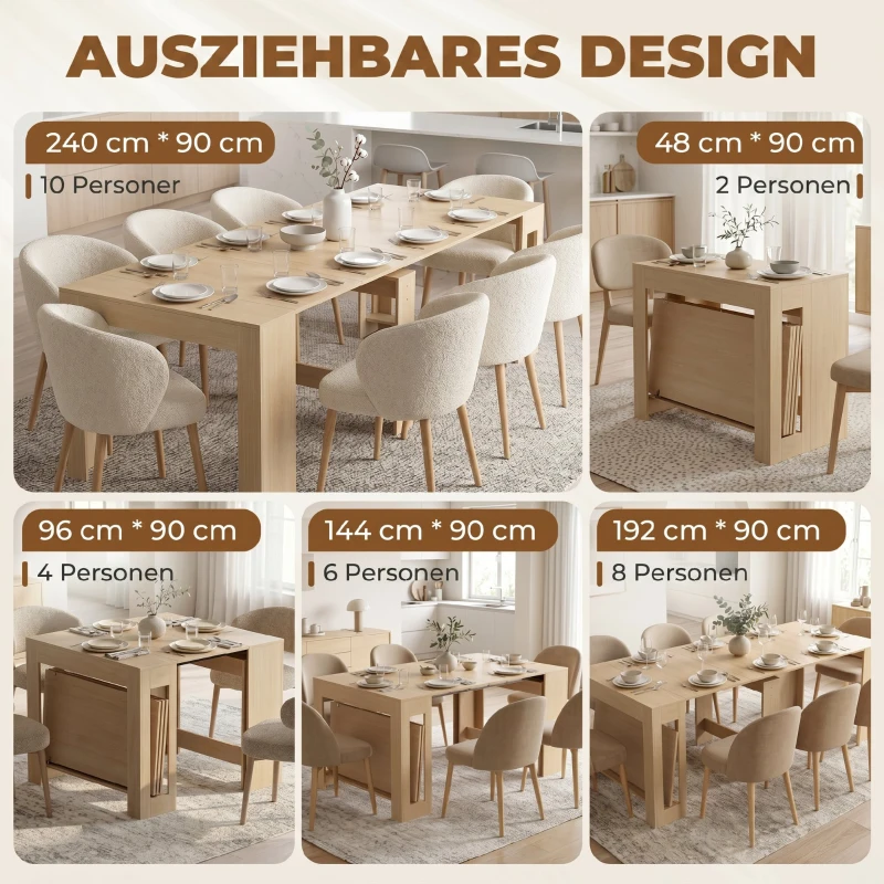 HOMCOM Uitschuifbare eettafel voor kleine ruimtes, om te bouwen tot console, zitplaatsen voor 10 personen, houtlook lichtbruin