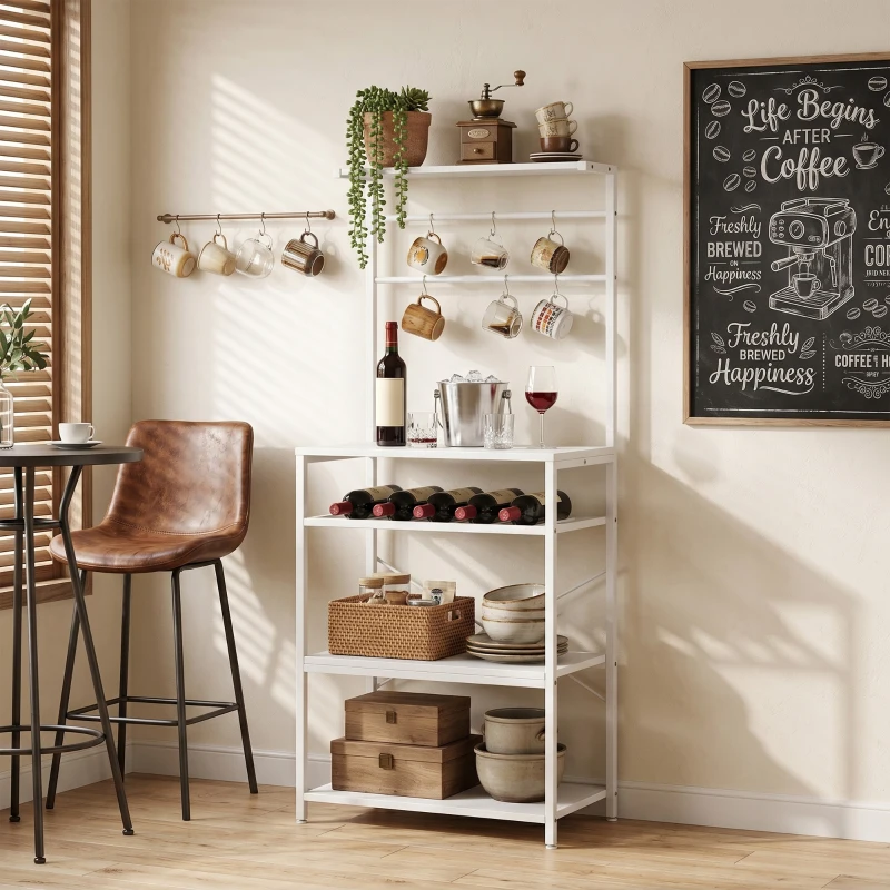 HOMCOM Freestanding Shelving Unit, Industrial Storage Shelf with 6 Hooks and Wine Rack for Living Room, Home Office, White