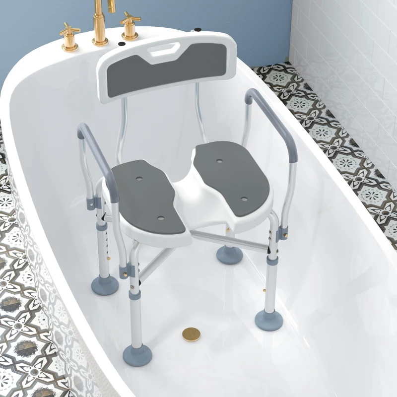 HOMCOM Shower Chair with Hygiene Cut-Out Seat and Reinforced Crossbars, Height Adjustable Padded Bath Chair with Non-slip Feet for Elderly Seniors Disabled Handicap, Tool-Free Assembly, Grey