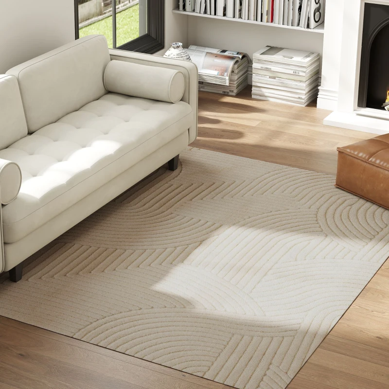 HOMCOM Tappeto Moderno Antiscivolo in Poliestere e Cotone con Design di Linee, per Soggiorno, Camera da Letto, Crema