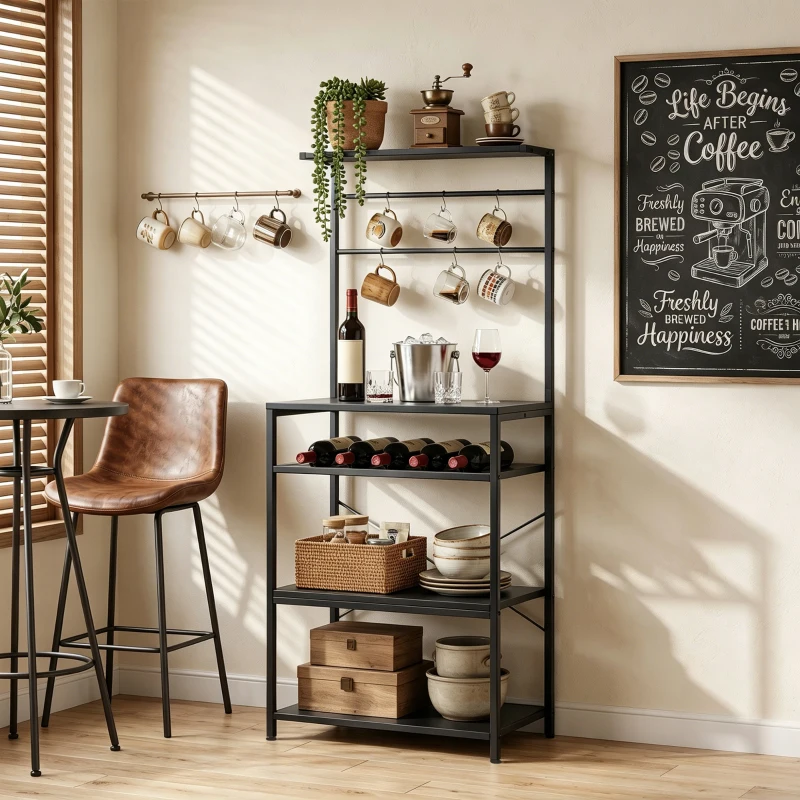 HOMCOM Freestanding Shelving Unit, Industrial Storage Shelf with 6 Hooks and Wine Rack for Living Room, Home Office, Black