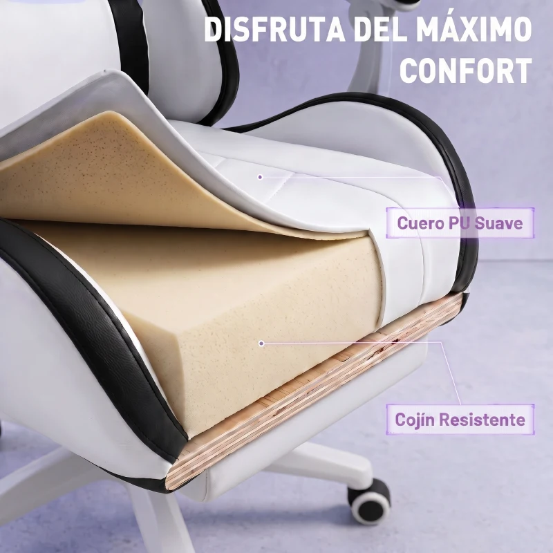 Vinsetto Cadeira Gaming de Couro PU com Altura Ajustável Reclinável 135° e Apoio para os Pés Retrátil 65x65x121-129 cm Branco e Preto
