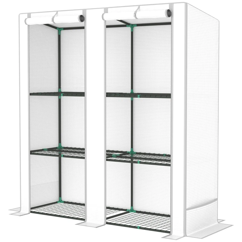Outsunny Serra da Giardino con 2 Porte Avvolgibili, Scaffale a 3 Ripiani e Tasche Laterali, Bianco e Grigio