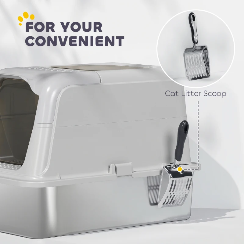 PawHut Extra Large Stainless Steel Litter Box, Enclosed Cat Litter Tray with Scoop, Deodorizer Bag, Front-Entry and Top-Exit