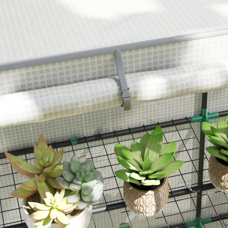 Outsunny Serra da Giardino con 2 Porte Avvolgibili, Scaffale a 3 Ripiani e Tasche Laterali, Bianco e Grigio