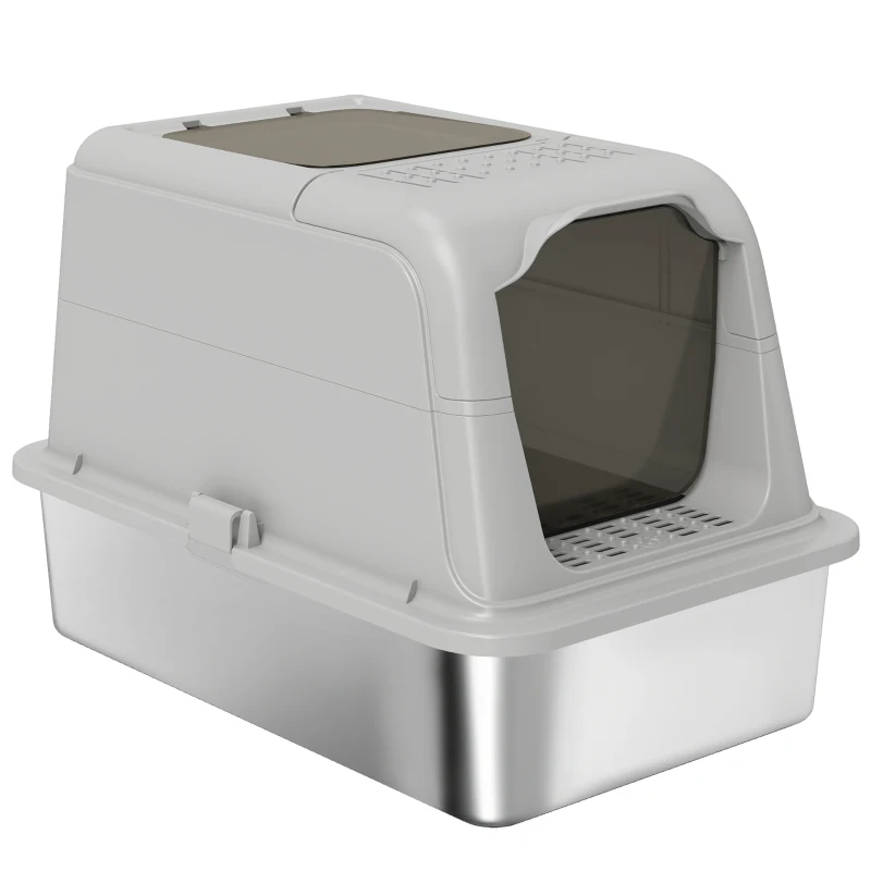 PawHut Extra Large Stainless Steel Litter Box, Enclosed Cat Litter Tray with Scoop, Deodorizer Bag, Front-Entry and Top-Exit