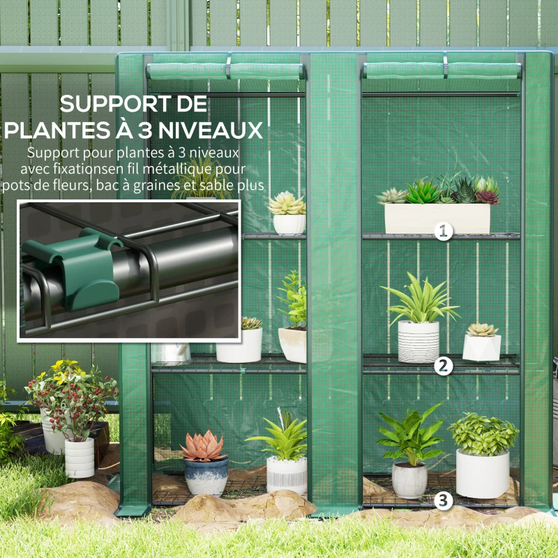 Outsunny Serre de jardin avec étagères métalliques à 3 niveaux serre de balcon couverture PE toit incliné 144 x 48 x 152 cm vert