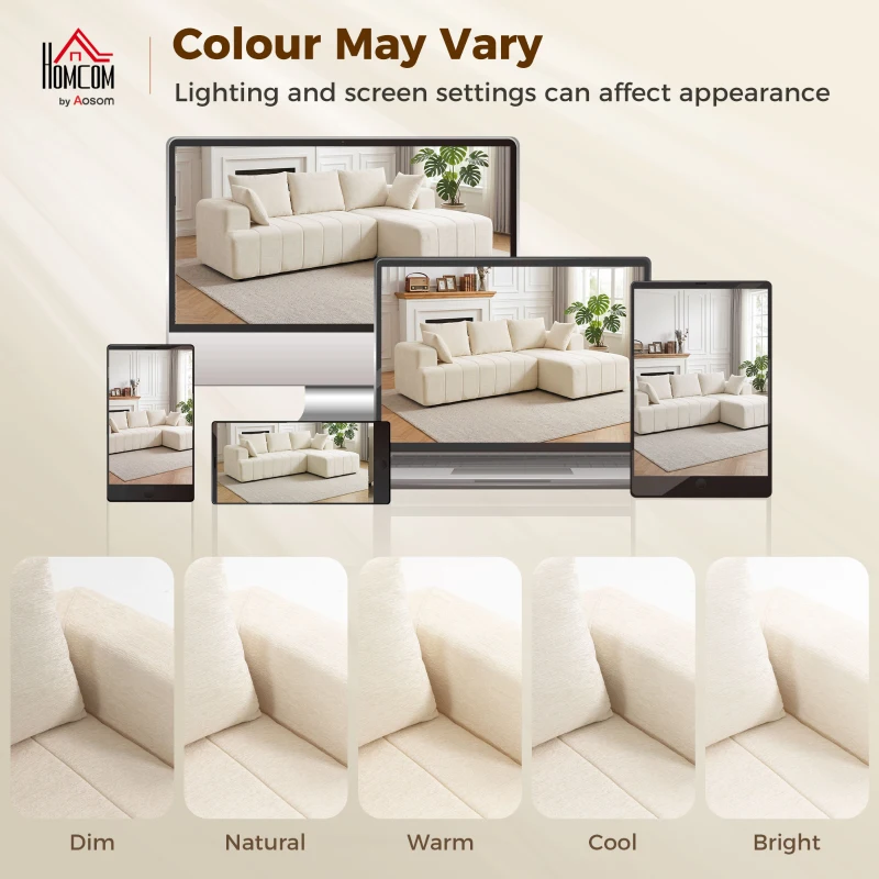 HOMCOM Canapé d'angle 256 cm avec méridienne, canapé-lit 3 places en chenille forme de L, assise et accoudoirs larges, beige