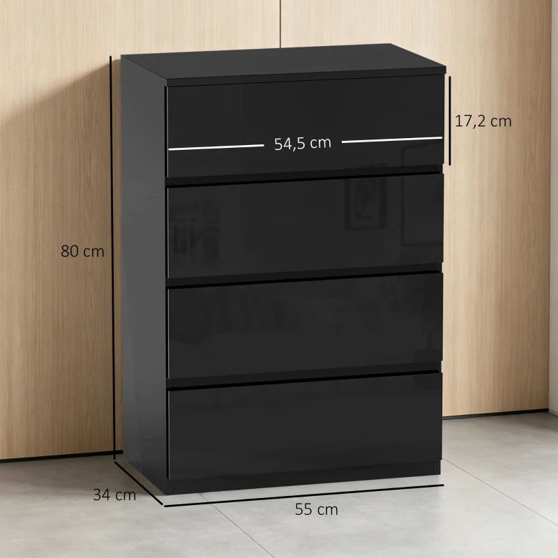 HOMCOM Kommode mit 4 Schubladen aus Holz, moderne und vielseitige Schlafzimmerkommode, 55x33x80 cm, Schwarz