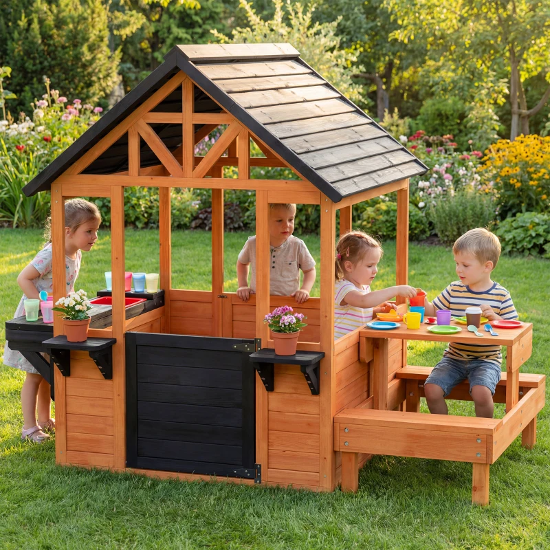 AIYAPLAY Casetta da Giardino per Bambini in Legno con Tavolino e Panche, 166.3x112.5x139.7 cm, Marrone Chiaro e Nero