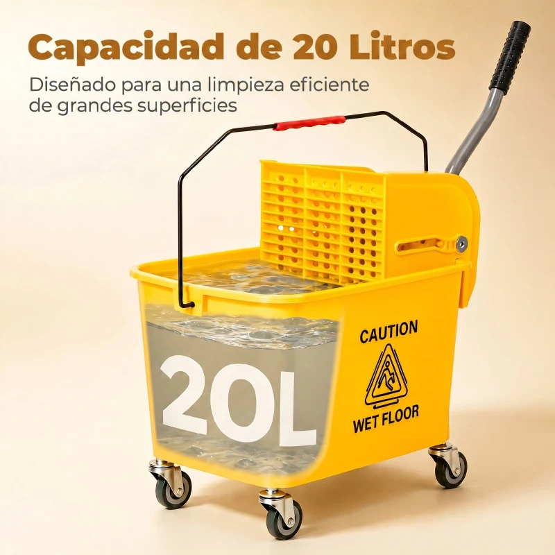 HOMCOM Cubo de Fregar 20L con Ruedas y Escurridor Cubo para Fregona con Separador de Agua 60x27x70,5 cm Amarillo