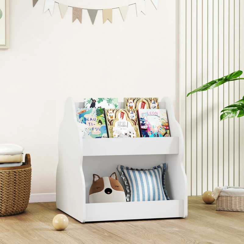 AIYAPLAY Kinderregal, 2-stöckiges Kinder-Bücherregal mit Rädern, 4 Regalen, für Kinderzimmer, Spielzimmer, 54x50x56 cm, Weiß