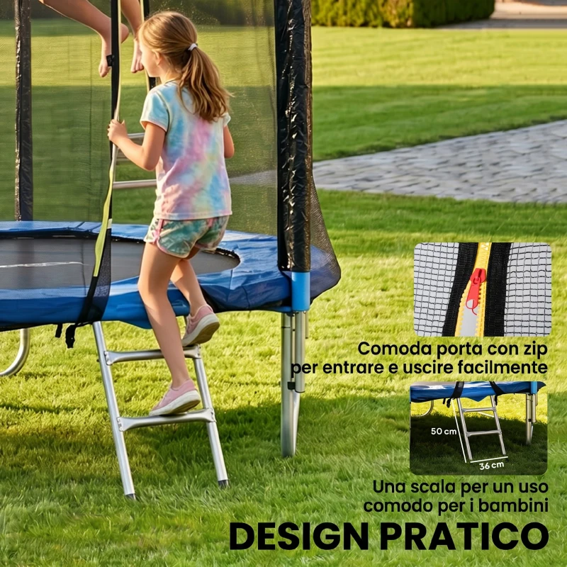 SPORTNOW Trampolino Elastico con Scaletta e Rete di Sicurezza, in Acciaio e Plastica, Ø180x200 cm, Blu