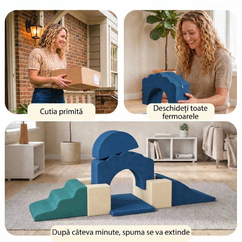 AIYAPLAY Set 7 Blocuri Moi pentru Copii 0,5-3 Ani cu Bază Antiderapantă, din Spumă și Catifea, Albastru