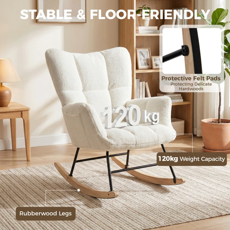 HOMCOM Rocking Chair, Teddy Fleece Rocker Chair with Tufted Wingback, Side Pockets, Rubber Wood Legs, Cream White