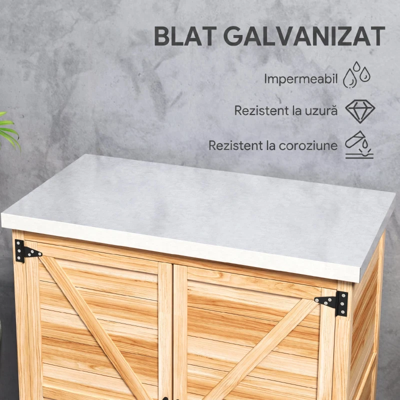 Outsunny Dulap Exterior cu Raft Intern și Banc de Lucru, din Lemn și Oțel Zincat, 79x43x92 cm, culoare lemn