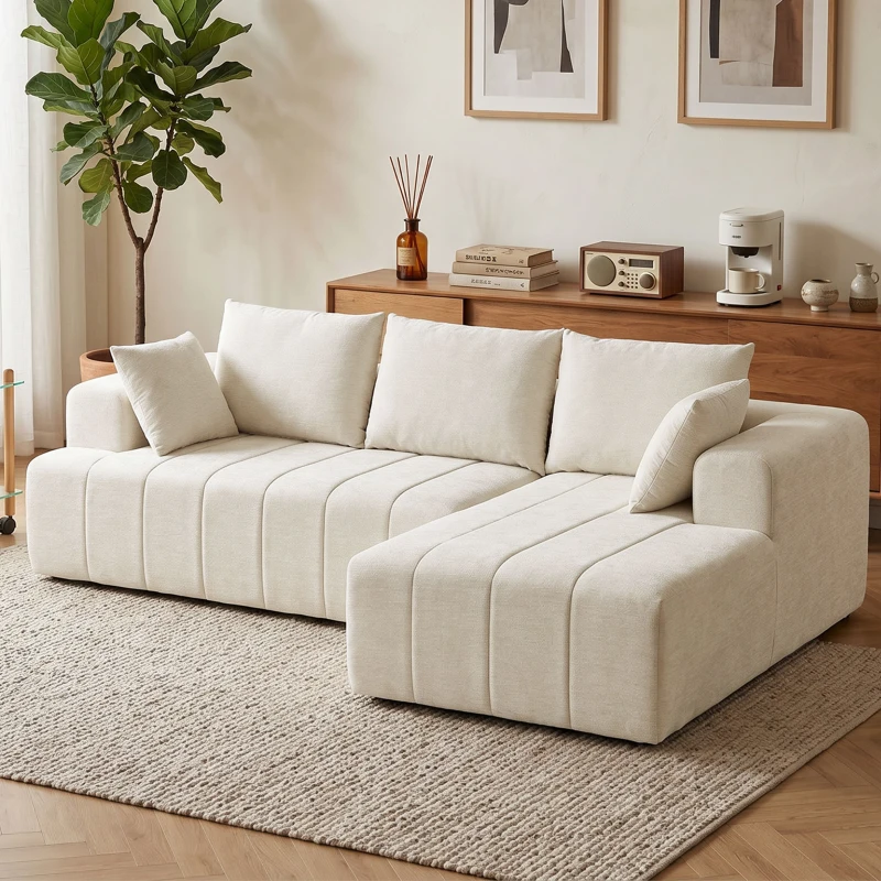 HOMCOM Canapea colțar 256 cm cu șezlong, canapea-extensibilă 3 locuri în chenille formă L, șezut și cotiere late, bej