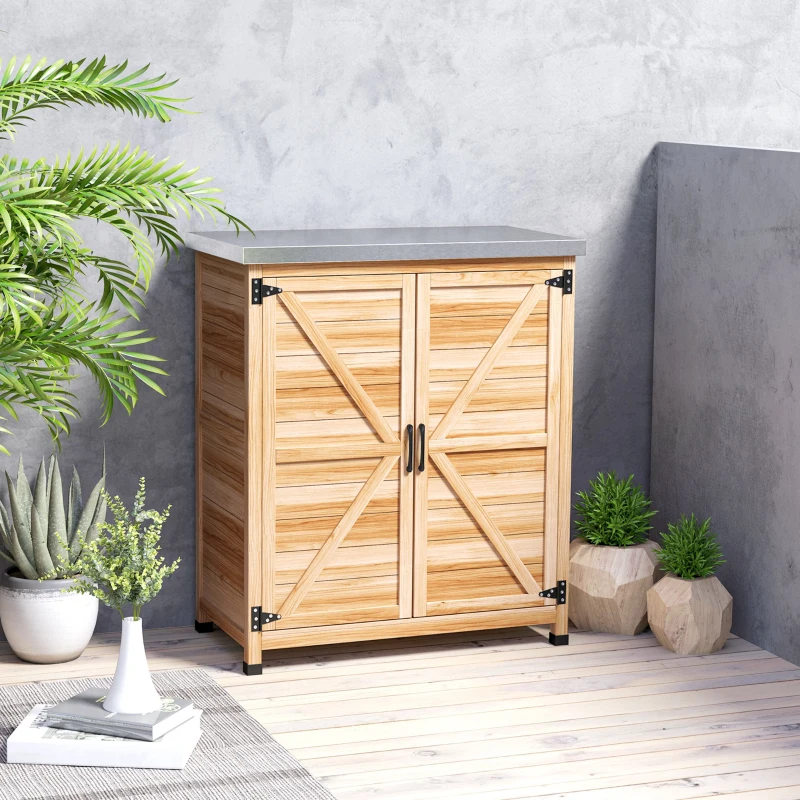 Outsunny Dulap Exterior cu Raft Intern și Banc de Lucru, din Lemn și Oțel Zincat, 79x43x92 cm, culoare lemn