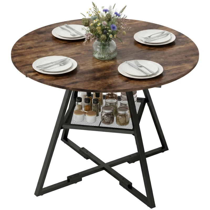 HOMCOM Mesa de Comedor Redonda para 4 Personas con Estante Marco Metálico para Sala de Estar Ø100x76 cm Marrón Rústico