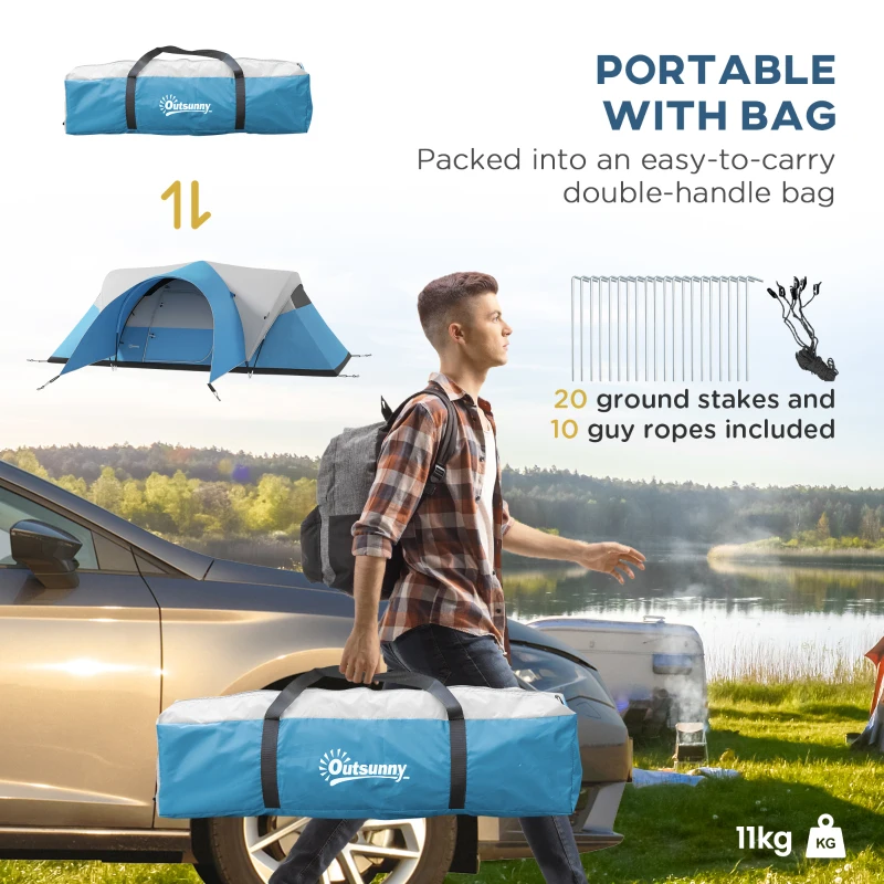 Outsunny 3000mm Waterproof Camping Tent for 7 Man, Family Tent with Porch and Sewn in Groundsheet, Portable with Bag, Blue