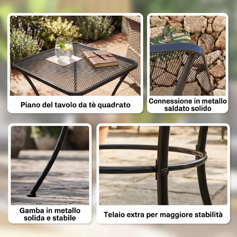Outsunny Tavolino da Giardino Quadrato in Acciaio con Piano Traforato, 45x45x50 cm, Nero