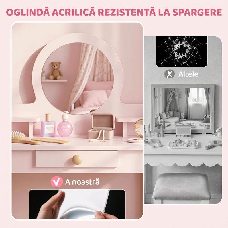 AIYAPLAY Set Masă de Toaletă pentru Fete cu Taburet, Oglindă, Sertar, din Lemn de Pin și MDF, pentru 3-6 Ani, Roz