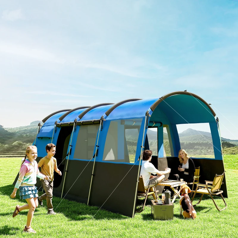 Outsunny 4 Person Camping Tent, Waterproof Family Tent, Tunnel Design, 4 Large Windows, Sleeping Cabins 3000mm Water Column Blue