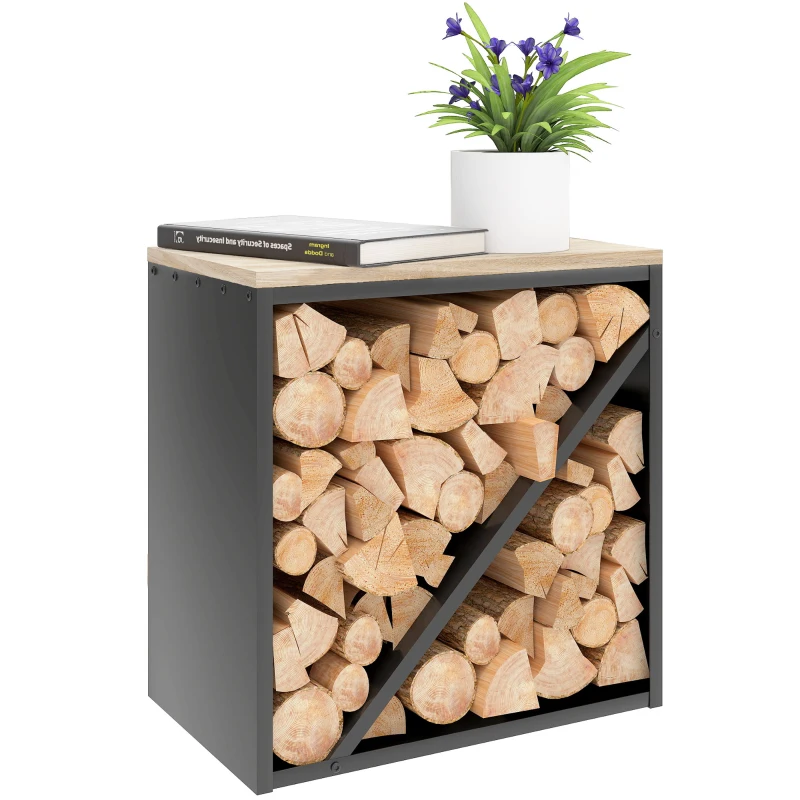 Outsunny 2-in-1 haardhoutrek voor binnen 58 x 36 x 60 cm verhoogd brandhoutrek met scheider metaal zwart(m-15)