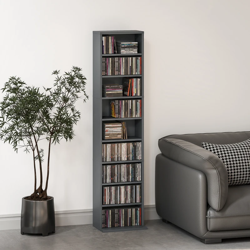 HOMCOM Mobile Porta CD e DVD 9 scomparti e 6 ripiani regolabili, max. 260 CD/120 DVD, 33x24x140 cm, grigio