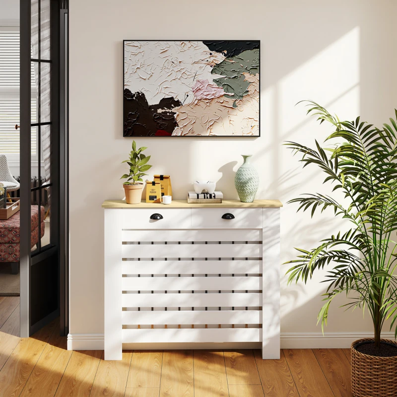 HOMCOM Cubre Radiadores de MDF con 2 Cajones Cubierta para Radiador para Salón Dormitorio Pasillo 111x19x95,5 cm Blanco