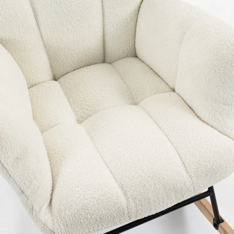 HOMCOM Rocking Chair, Teddy Fleece Rocker Chair with Tufted Wingback, Side Pockets, Rubber Wood Legs, Cream White