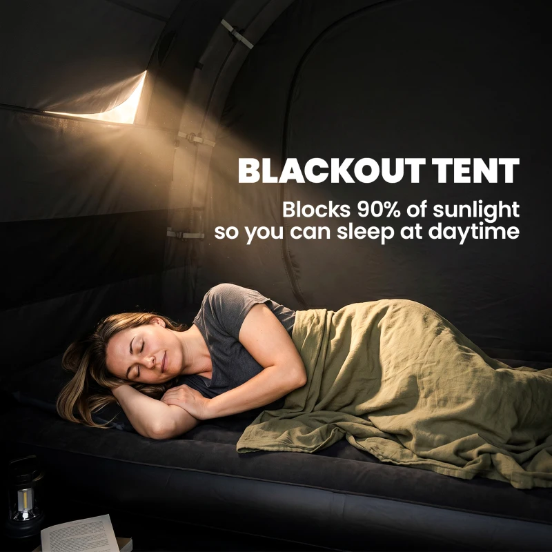 Outsunny Camping Tent, 3 Man Blackout Tent with Bedroom and Living Room, Portable with Bag, for Fishing Hiking Festival, Khaki
