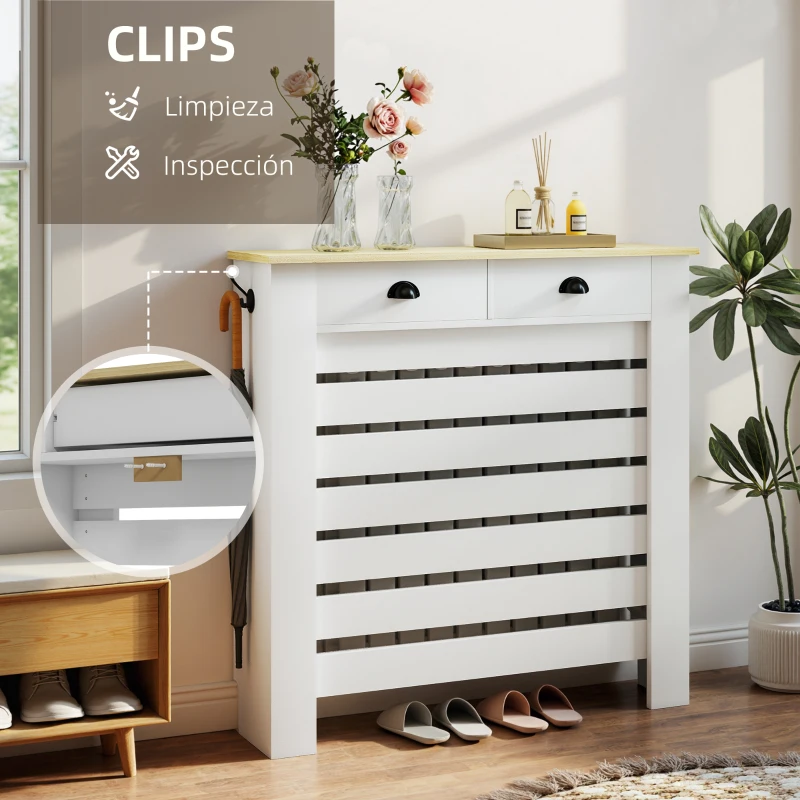 HOMCOM Cubre Radiadores de MDF con 2 Cajones Cubierta para Radiador para Salón Dormitorio Pasillo 111x19x95,5 cm Blanco