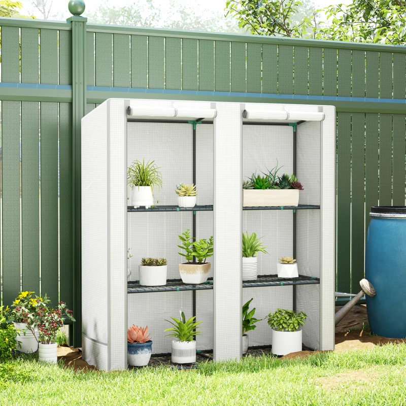 Outsunny Serra da Giardino con 2 Porte Avvolgibili, Scaffale a 3 Ripiani e Tasche Laterali, Bianco e Grigio