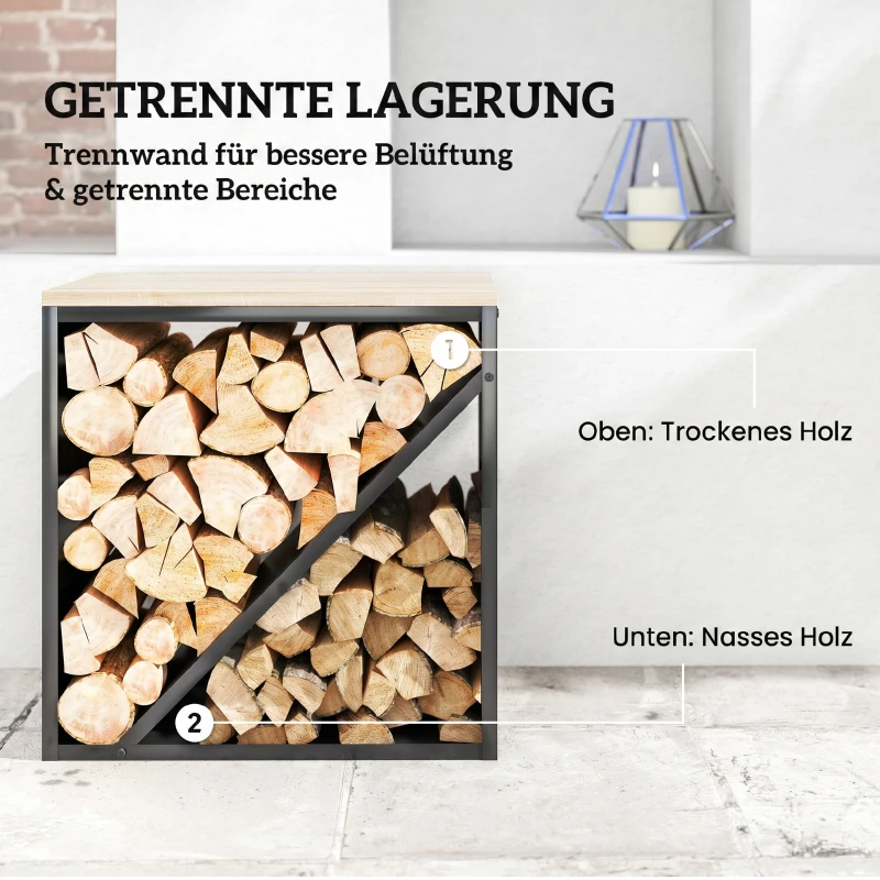 Outsunny 2-in-1 haardhoutrek voor binnen 58 x 36 x 60 cm verhoogd brandhoutrek met scheider metaal zwart(m-6)