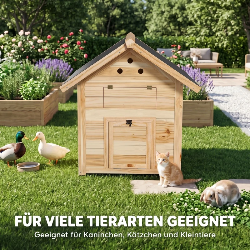 PawHut Entenhaus Entenstall Kleintierstall, wetterbeständig, 2 Eingänge, 2 Rampen, 78 x 90 x 92 cm, 'Natur + Schwarz(m-6)